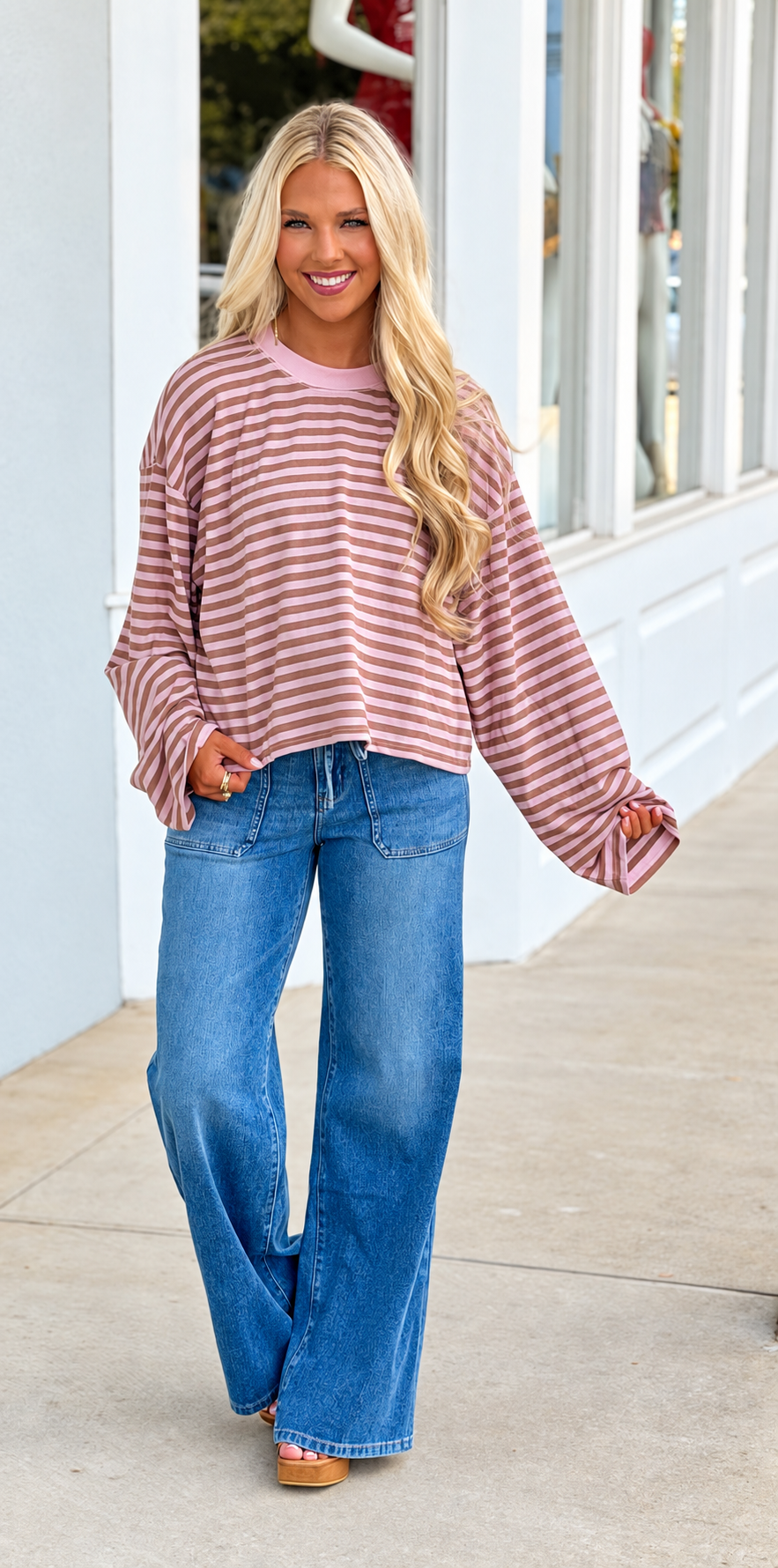 Striped Knit Long Sleeve Top, Pink/Brown