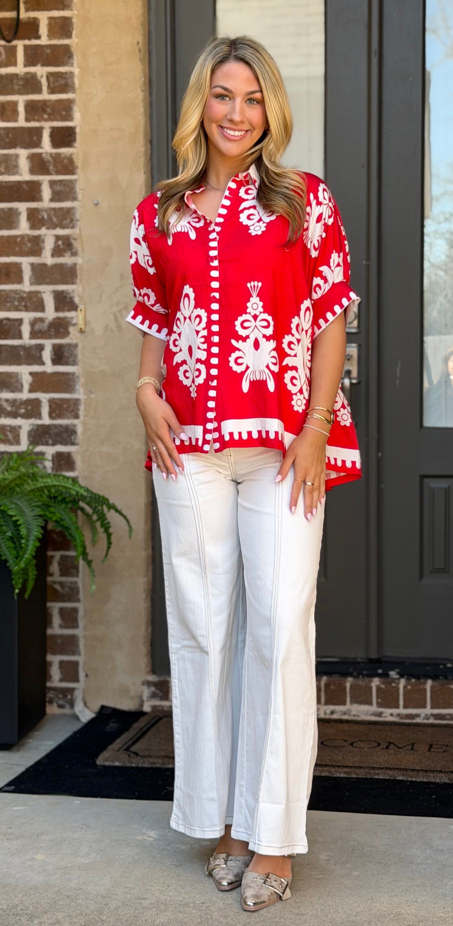 Cherry Red Abstract Print Button Down Top
