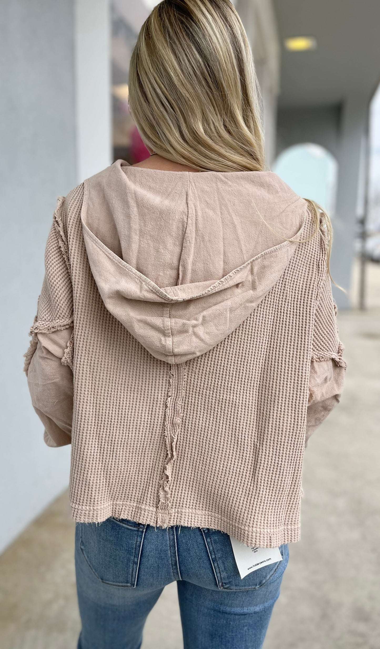 Taupe Mineral Washed Waffle Hooded Top