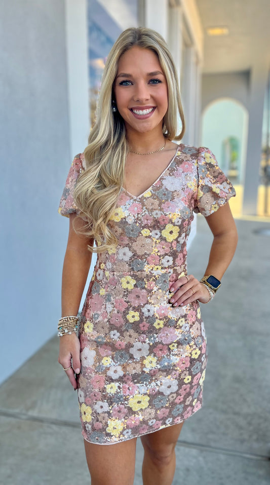 Floral Sequin Mini Dress W Bows