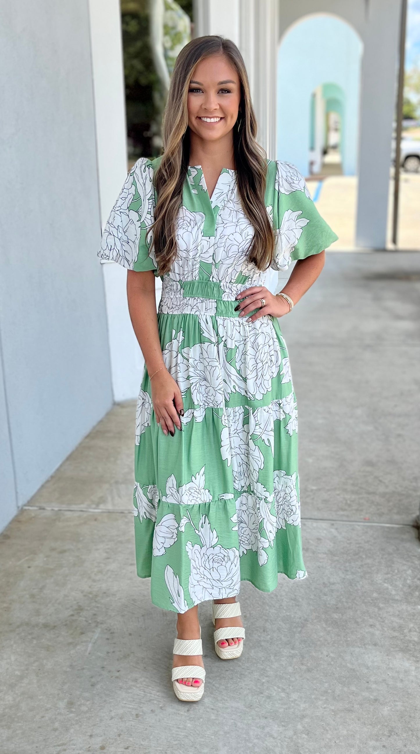Sage Short Bubble Sleeve V Neck Tiered Midi Dress