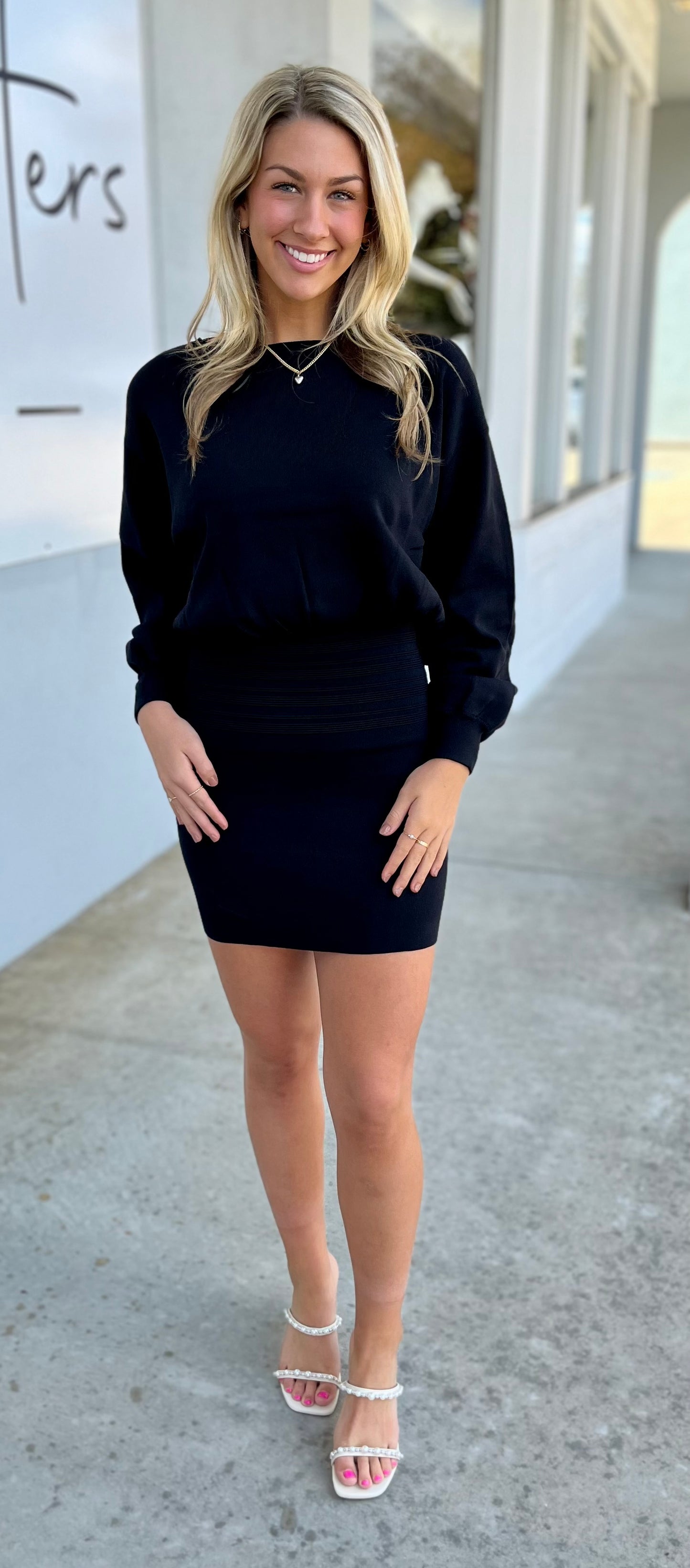 Black Waistline Long Puff Sleeve Knit Mini Dress