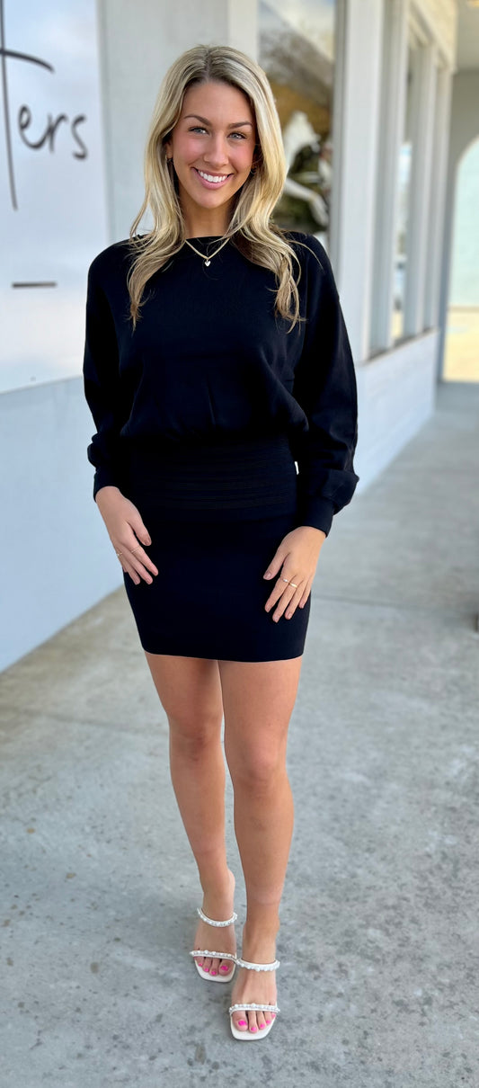Black Waistline Long Puff Sleeve Knit Mini Dress