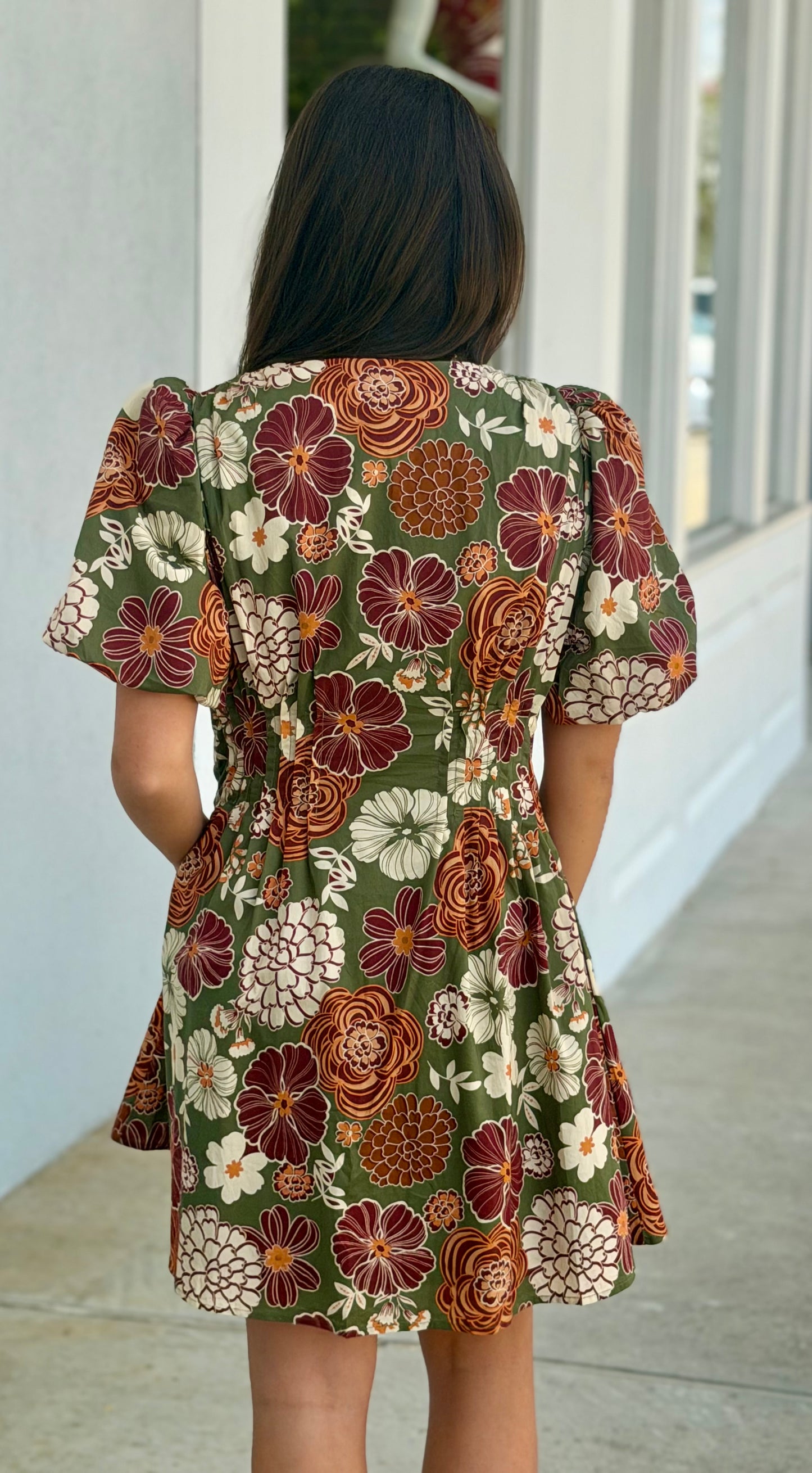 Olive Rust Floral Button Puff Sleeve Dress