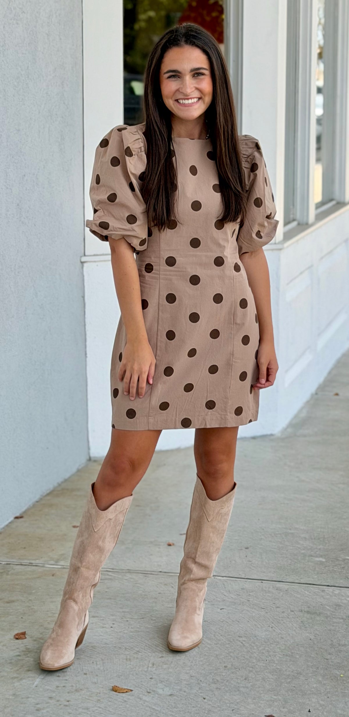Taupe Polka Dot Bubble Sleeve Dress