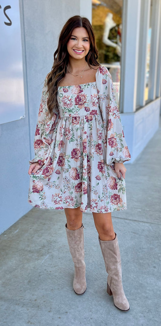 Taupe Vintage Floral Babydoll Dress