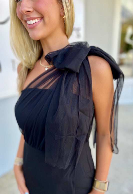 One Shoulder Chiffon Bow Dress , Black