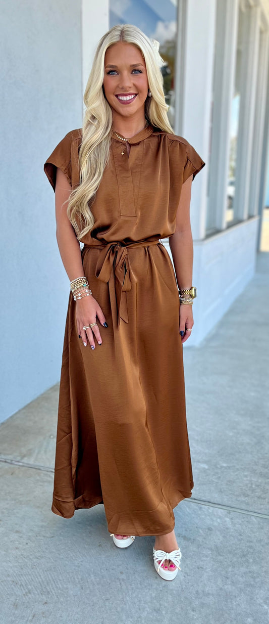 V Neck Midi Dress, Brown