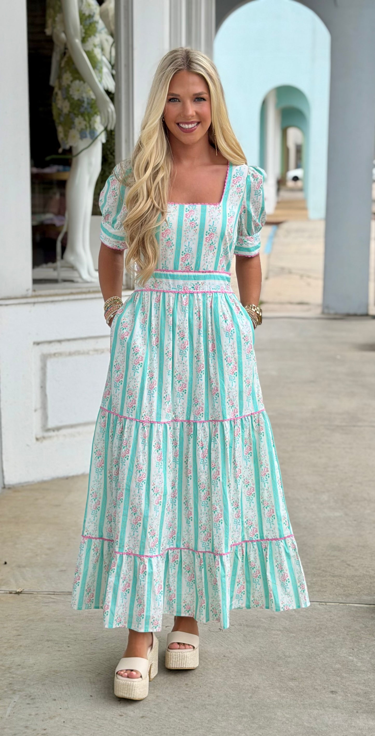 Cream Floral Striped Cinched Waist Midi Dress
