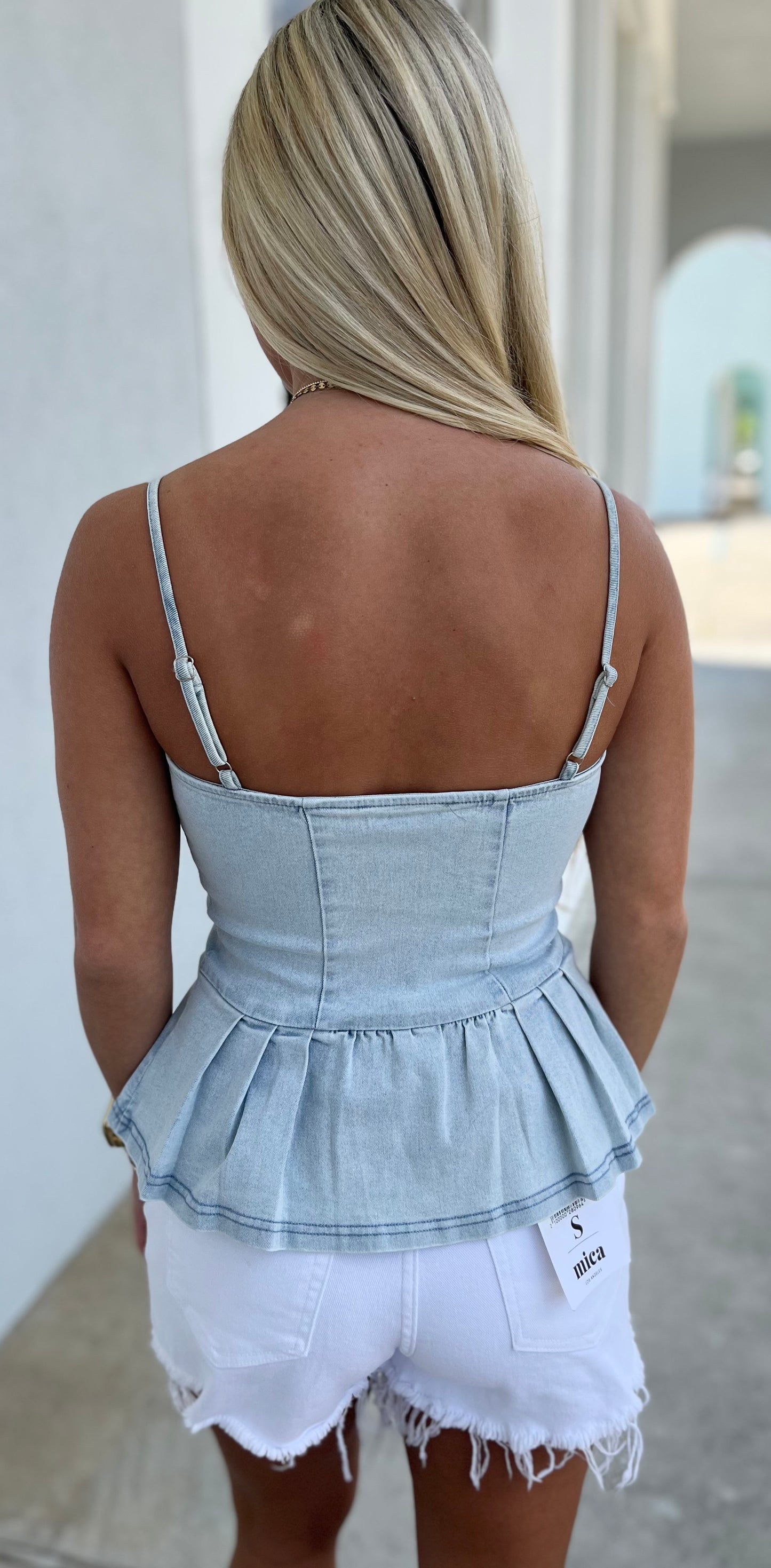 Lt Denim Pleated Peplum Camisole Top