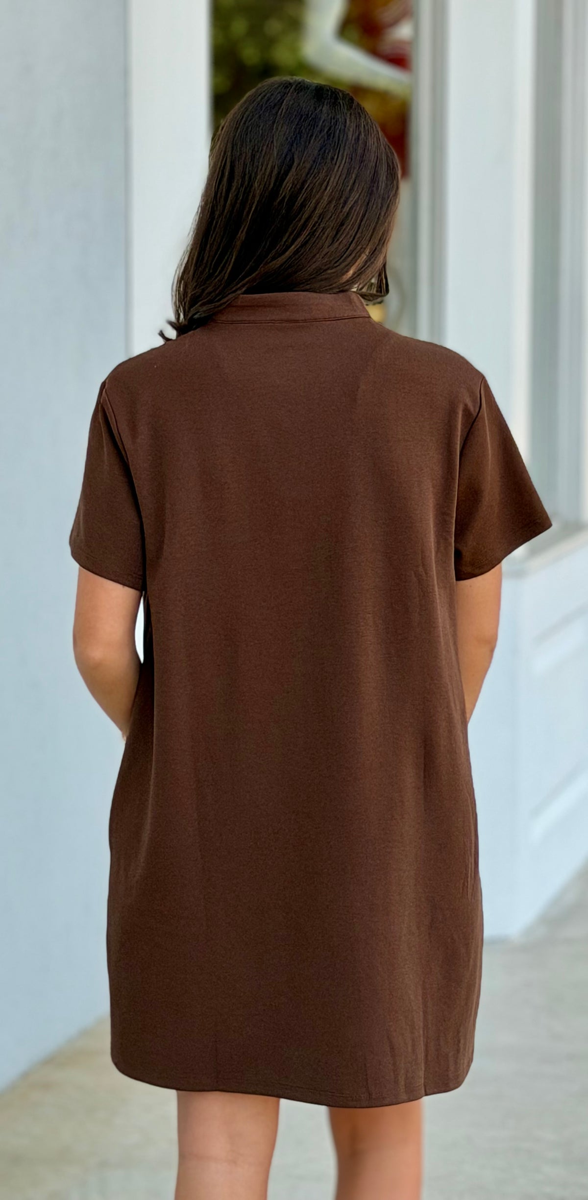 Stand Collar V-Neck Slit Mini Dress, Brown