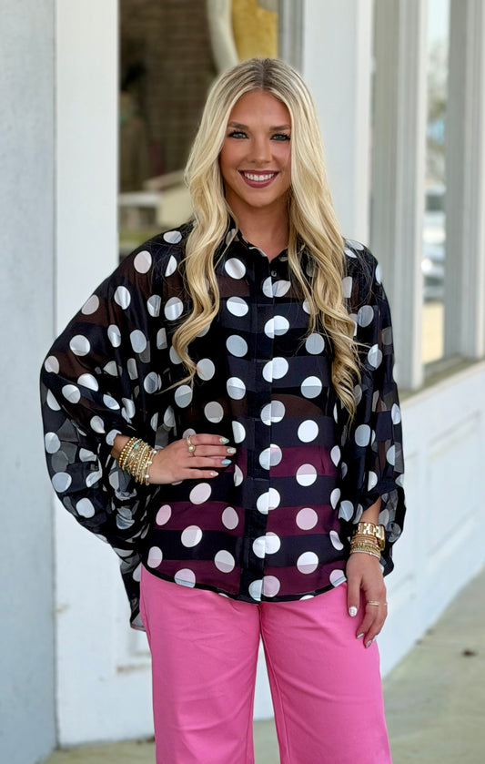 Black Polka Dot Button Down Top
