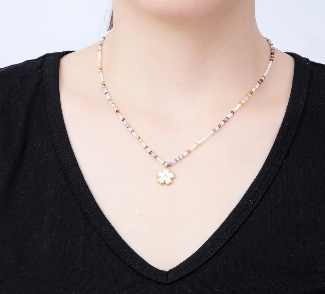 Stainless Steel Gold PVD 3mm Shell Pear Flower Multi Gem Chain 16.5