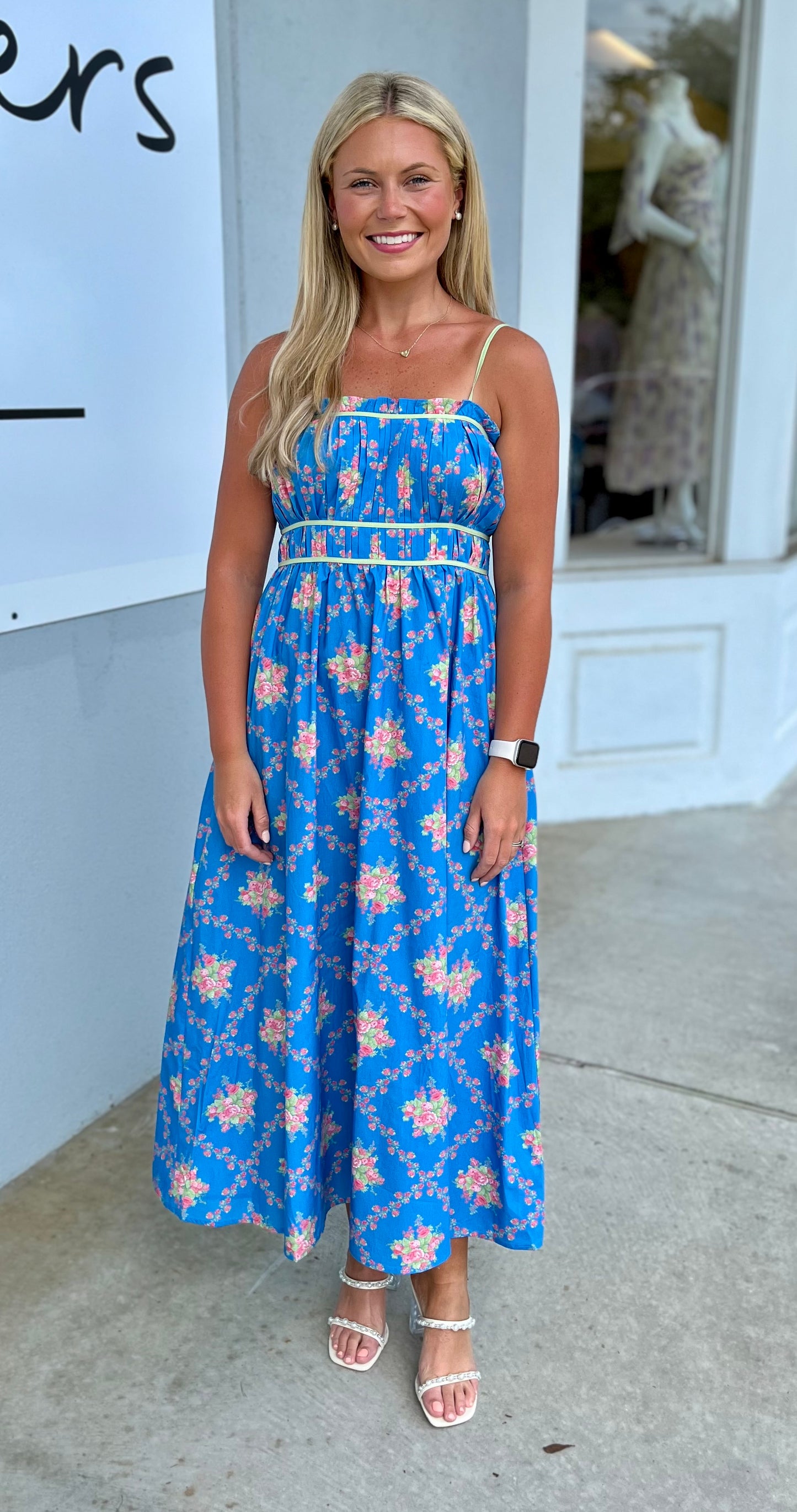 Blue/Sage Floral Pleated Maxi Dress