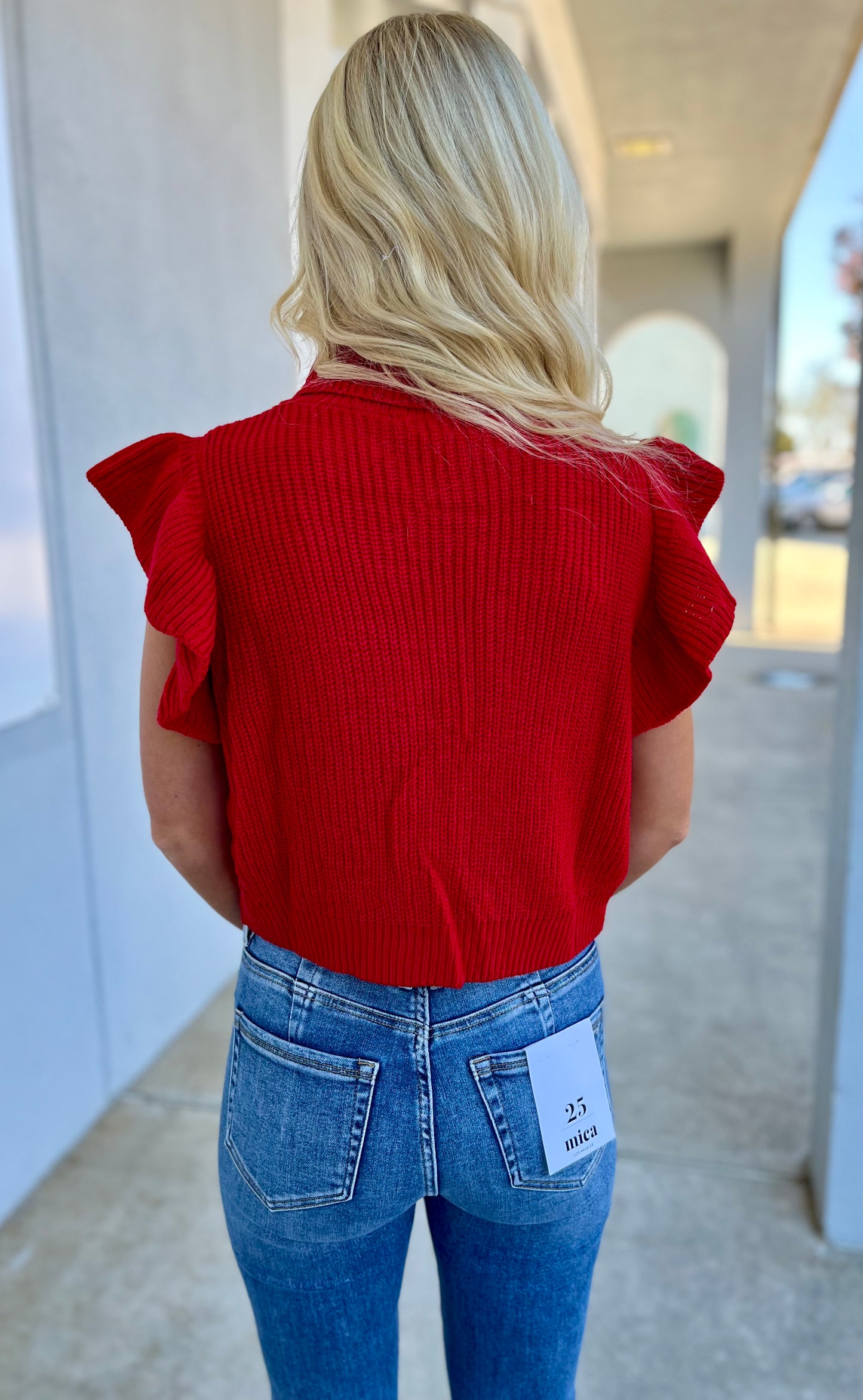 Red Cable Knit Turtleneck Ruffle Sweater