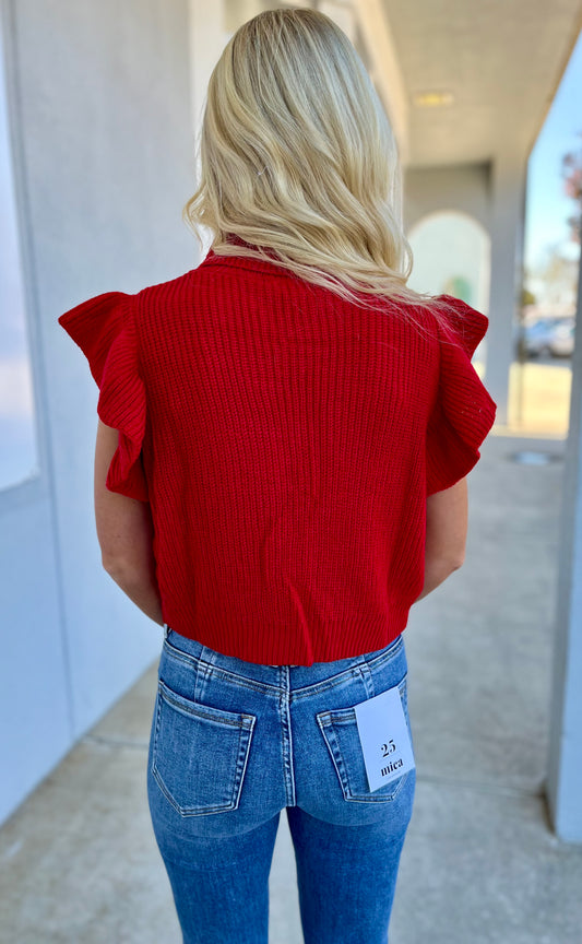 Red Cable Knit Turtleneck Ruffle Sweater