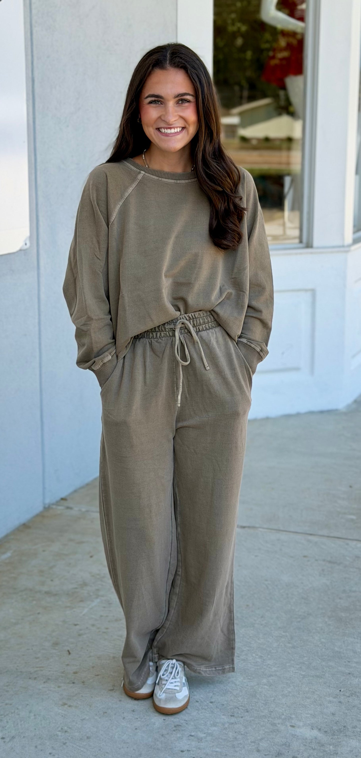 Washed F/Terry Round Neck Pullover & Pants SET, Mocha