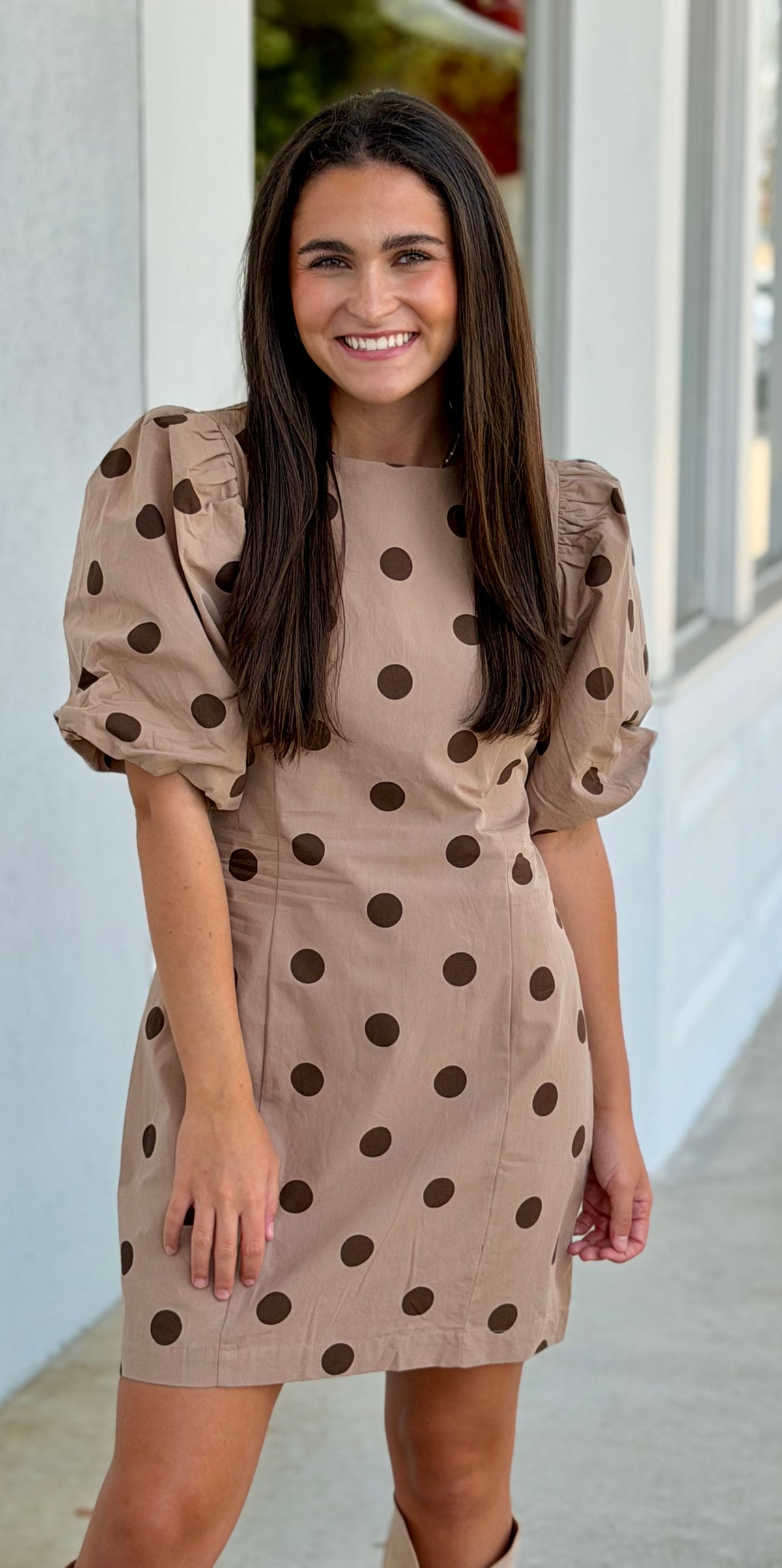 Taupe Polka Dot Bubble Sleeve Dress