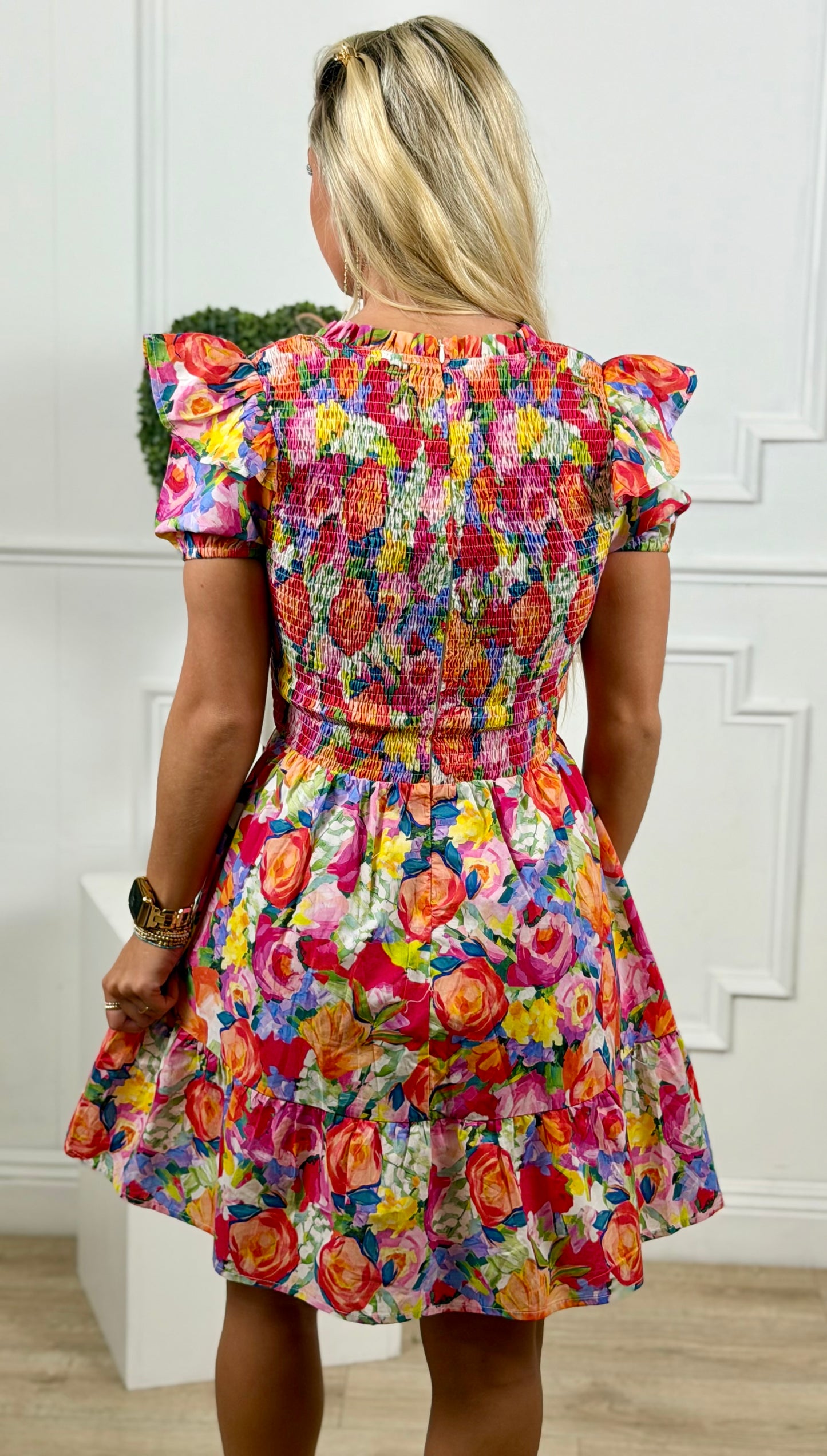 Multi Vibrant Floral Poplin Smocked Bodice Mini Dress
