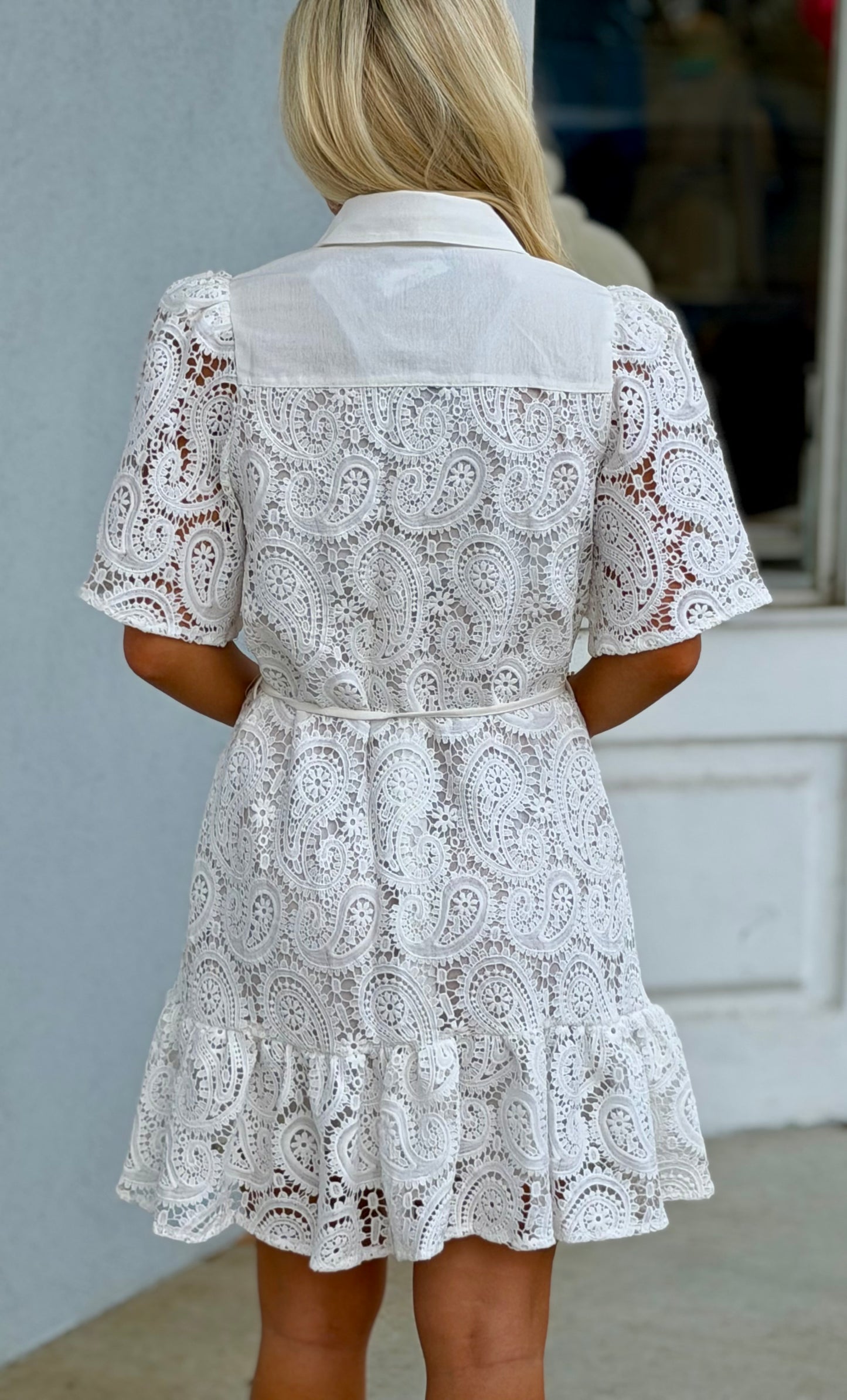 Off White Lace Collared Mini Dress