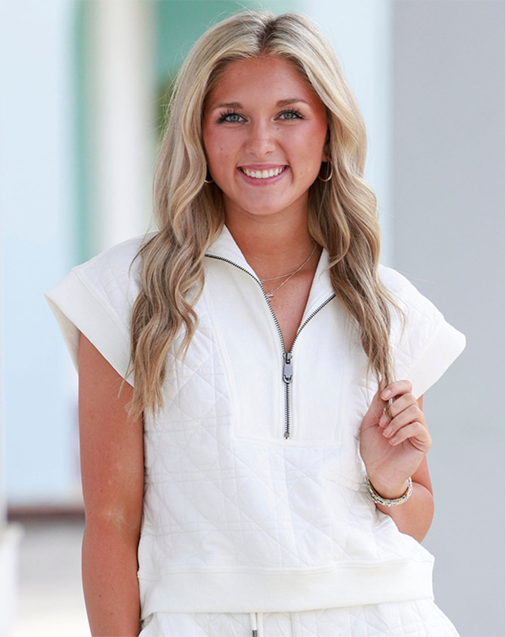 White Textured Half Zip Top