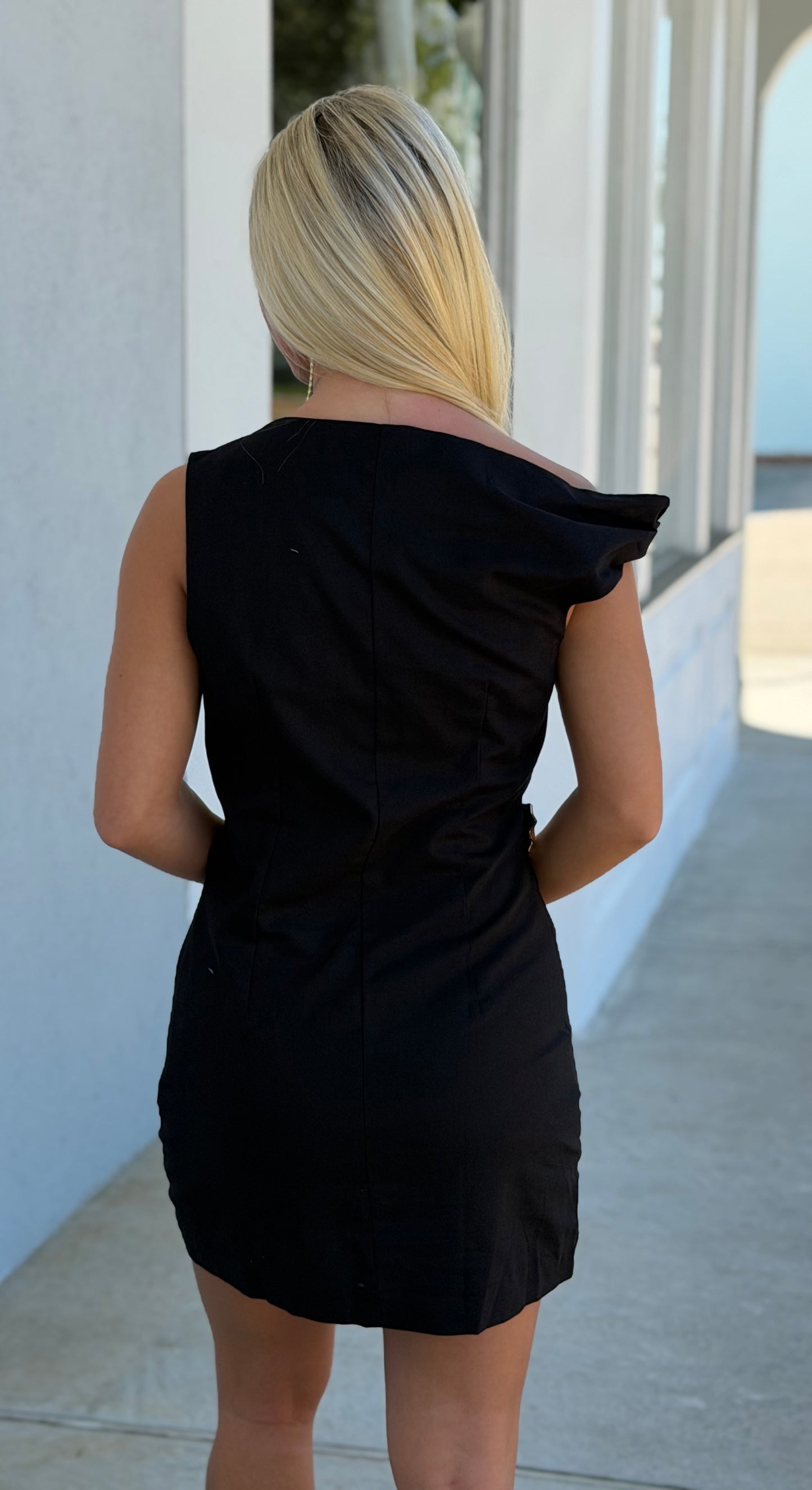 Black Asymmetric One Shoulder Ruched Side Linen Mini Dress