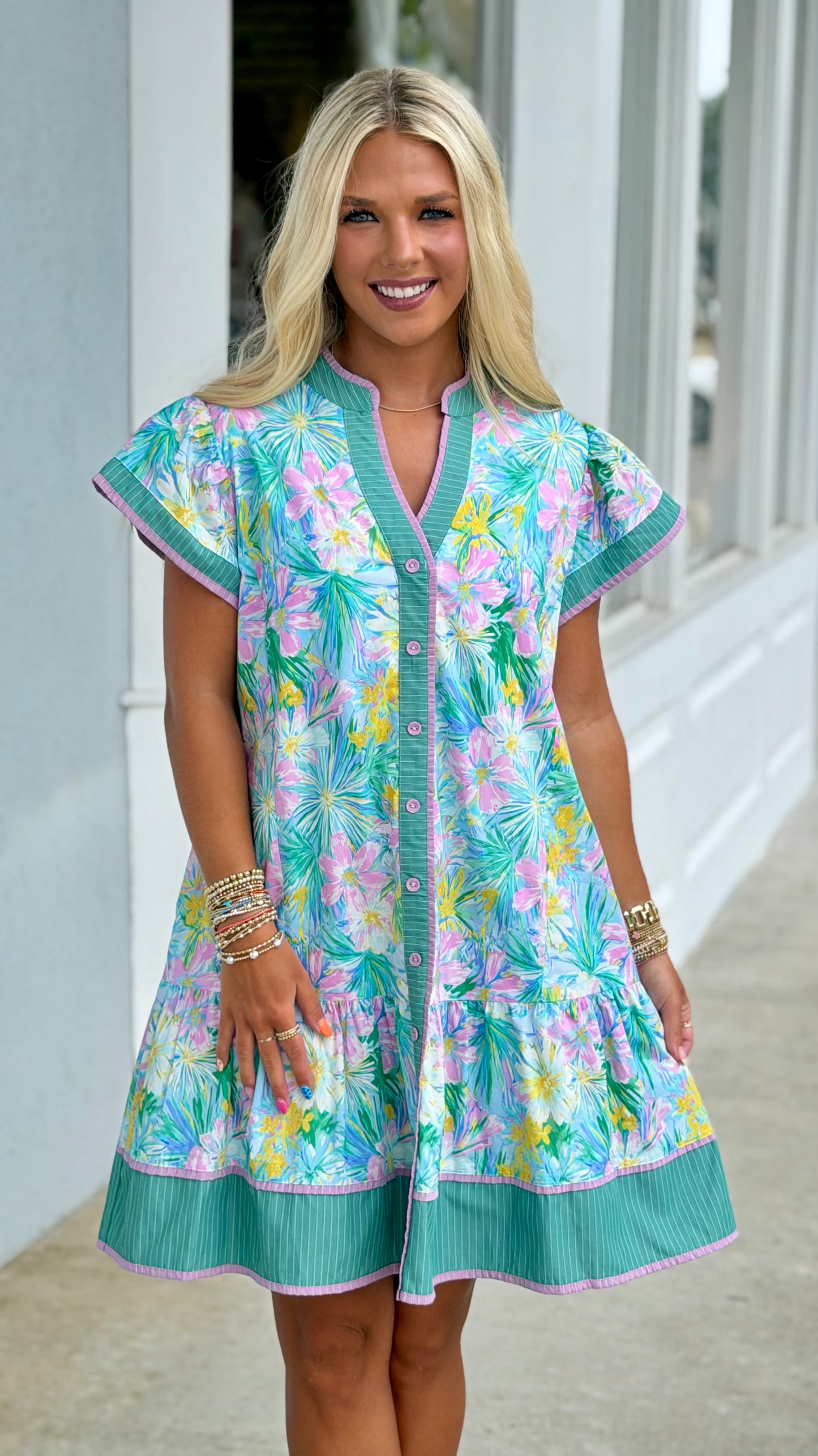 Mint Blue Tropical Button Front Dress