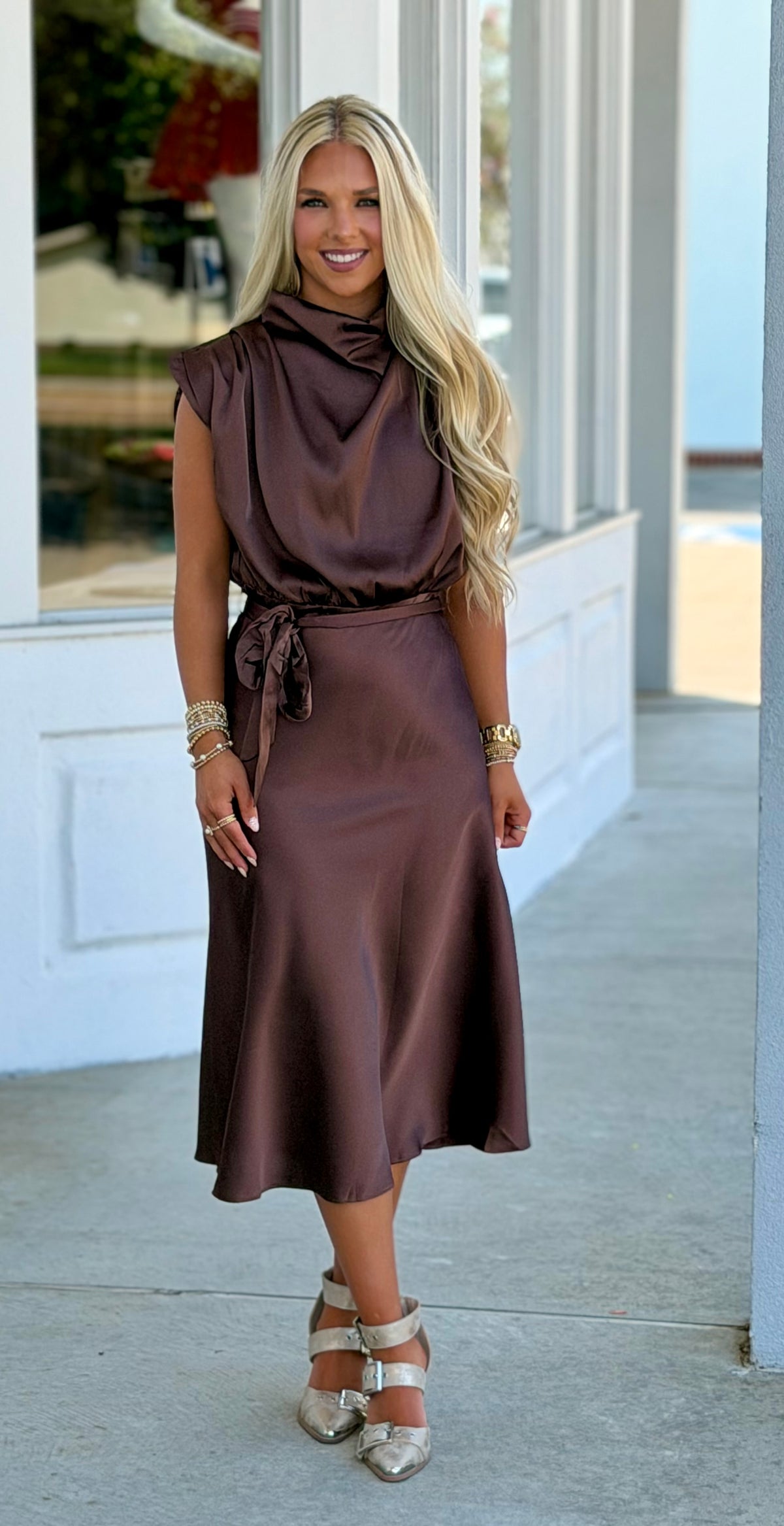 Midi Dress With Cowl Neck, Brown