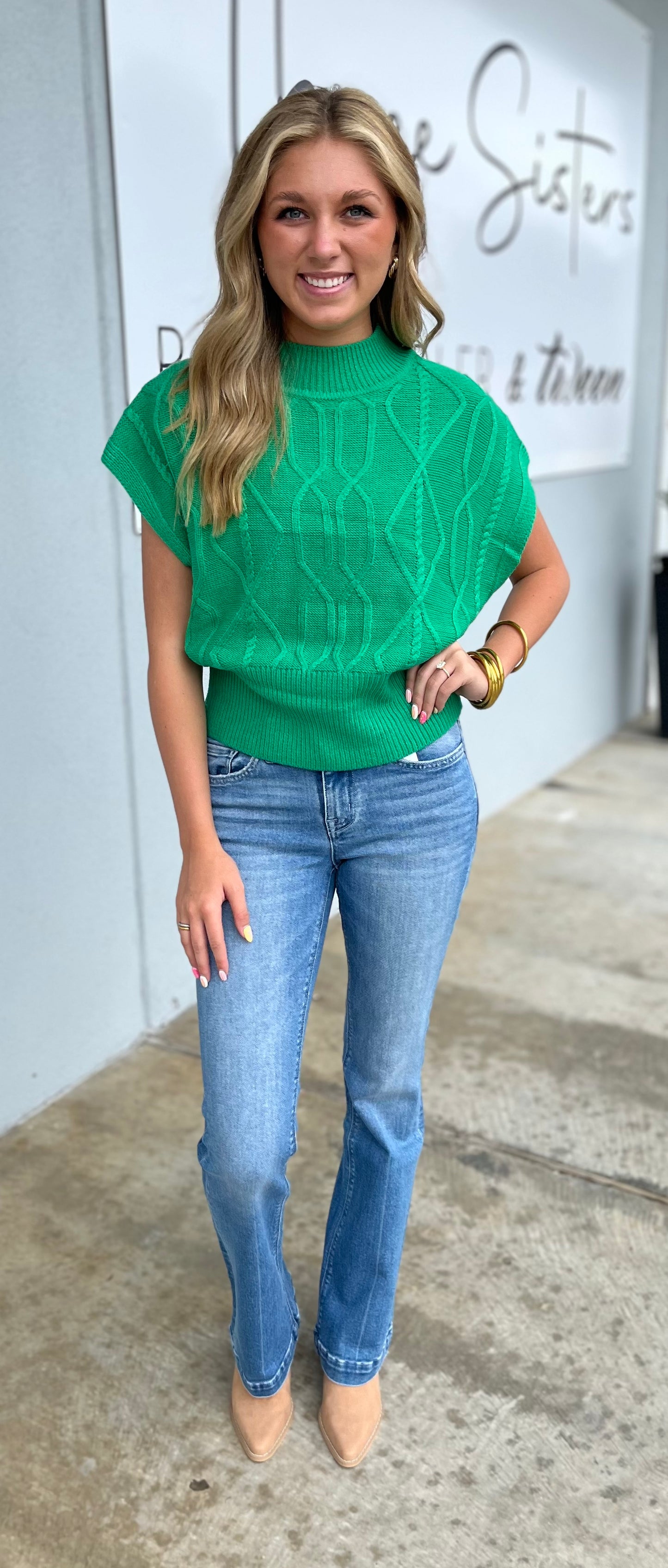 Kelly Green Cable Knit Cap Sleeve Sweater
