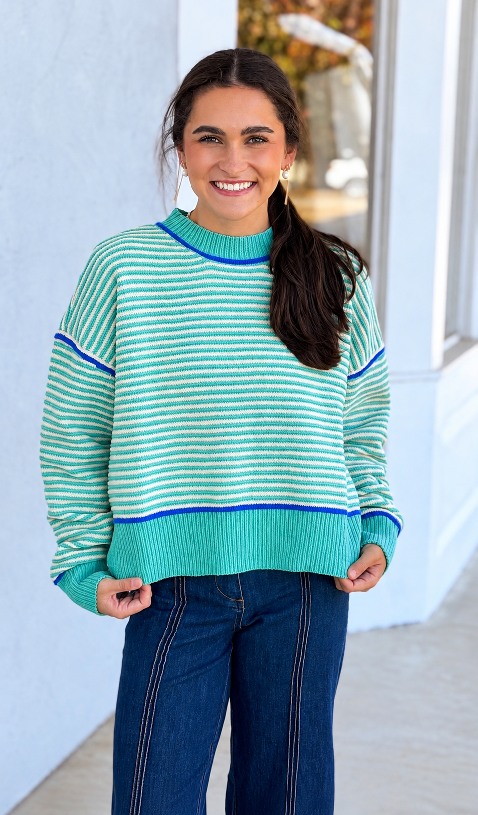 Stripe Knit Sweater, Sea Foam