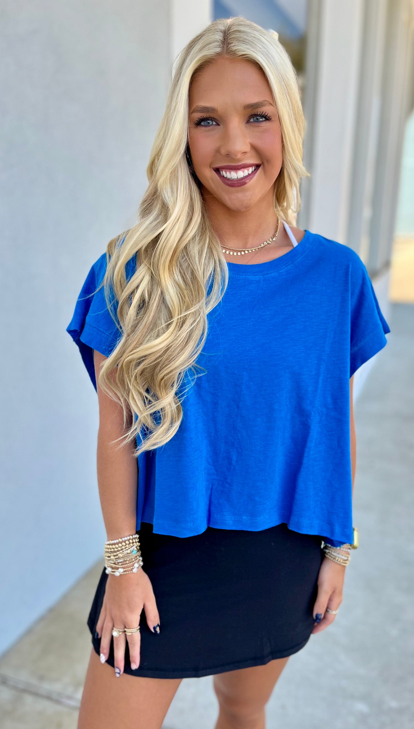 Ocean Blue Cotton Open Back Tee