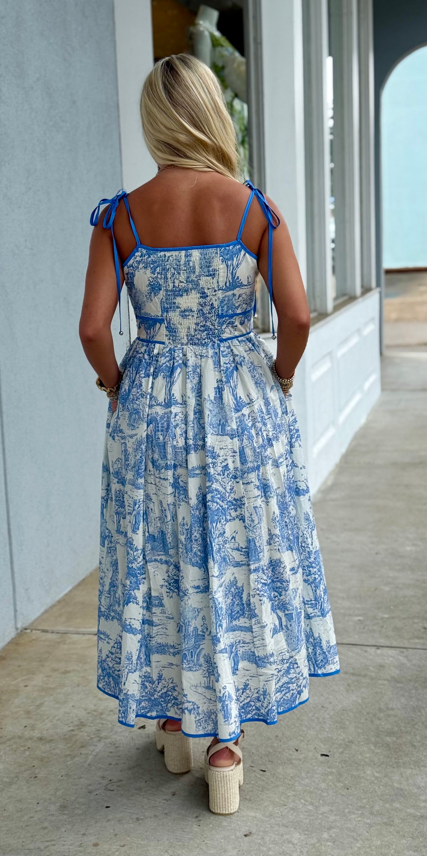 Blue Toile Cotton Sleeveless Midi Dress