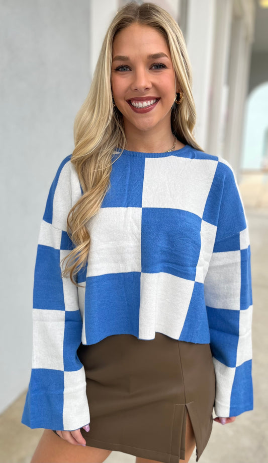 Blue Round Neck Checkered Top