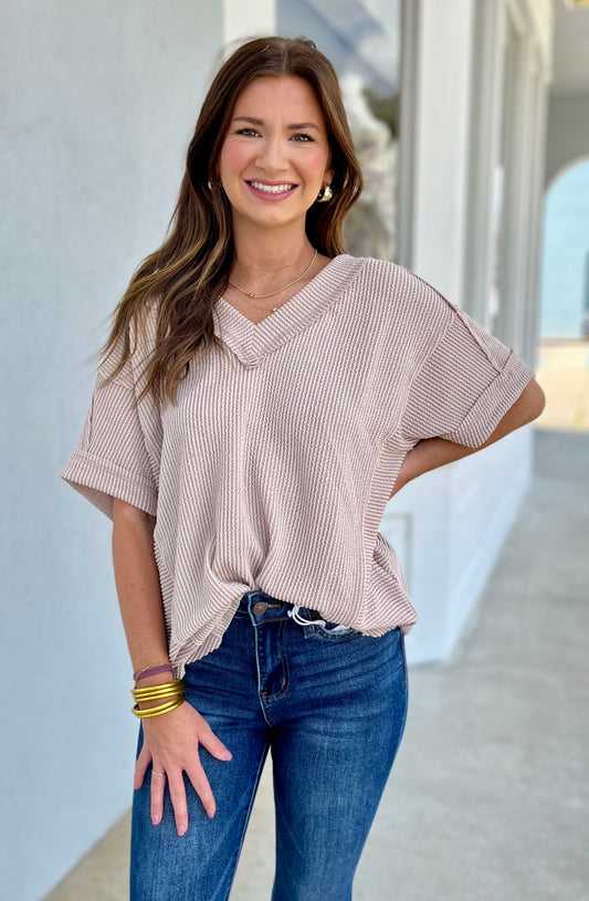 Ribbed Knit V Neck Top , Oat