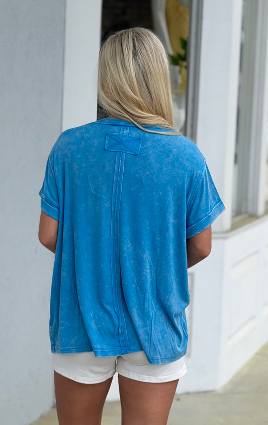 Washed Ribbed Cuffed Round Neck Tee, Deep Sky