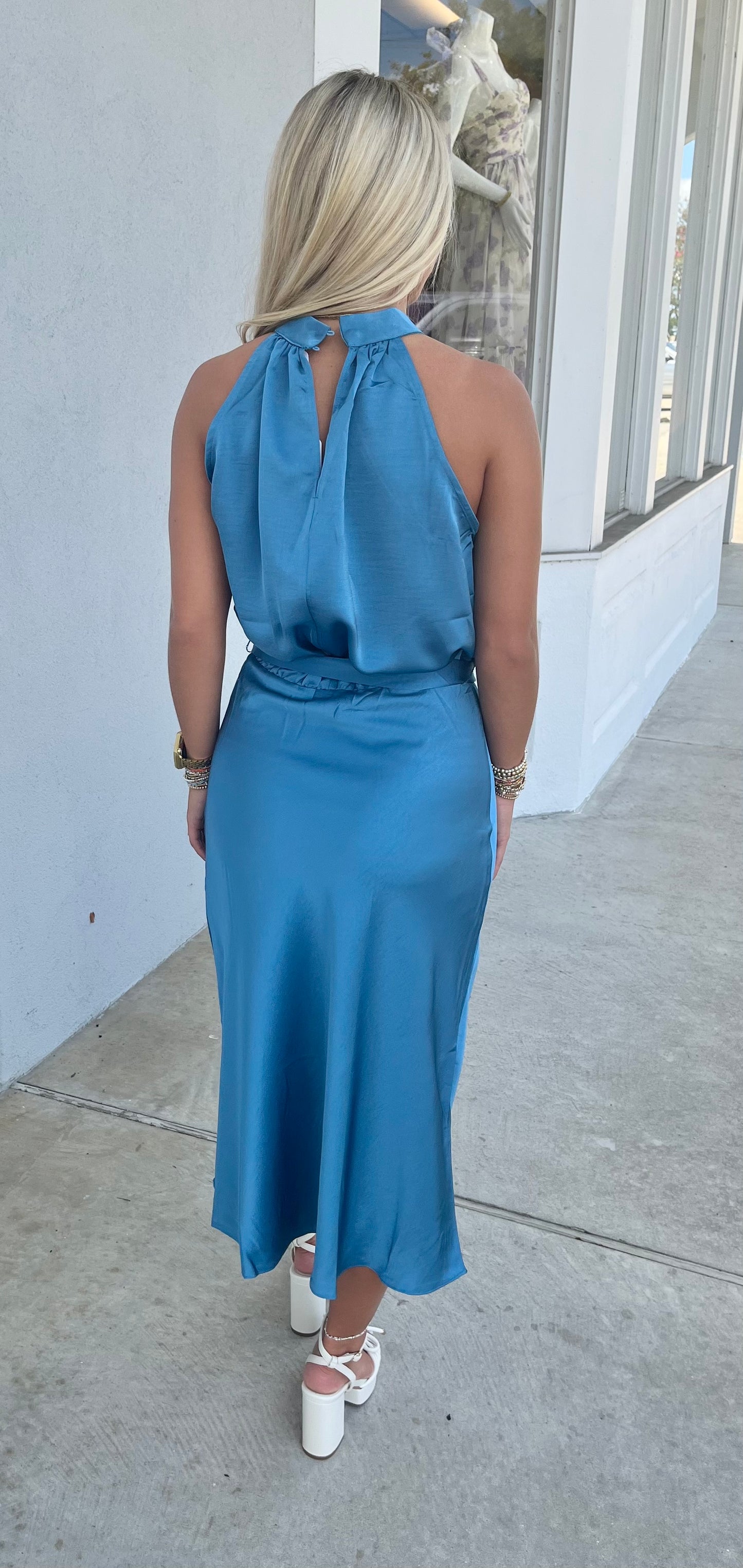 Blue Halter Neck Midi Dress