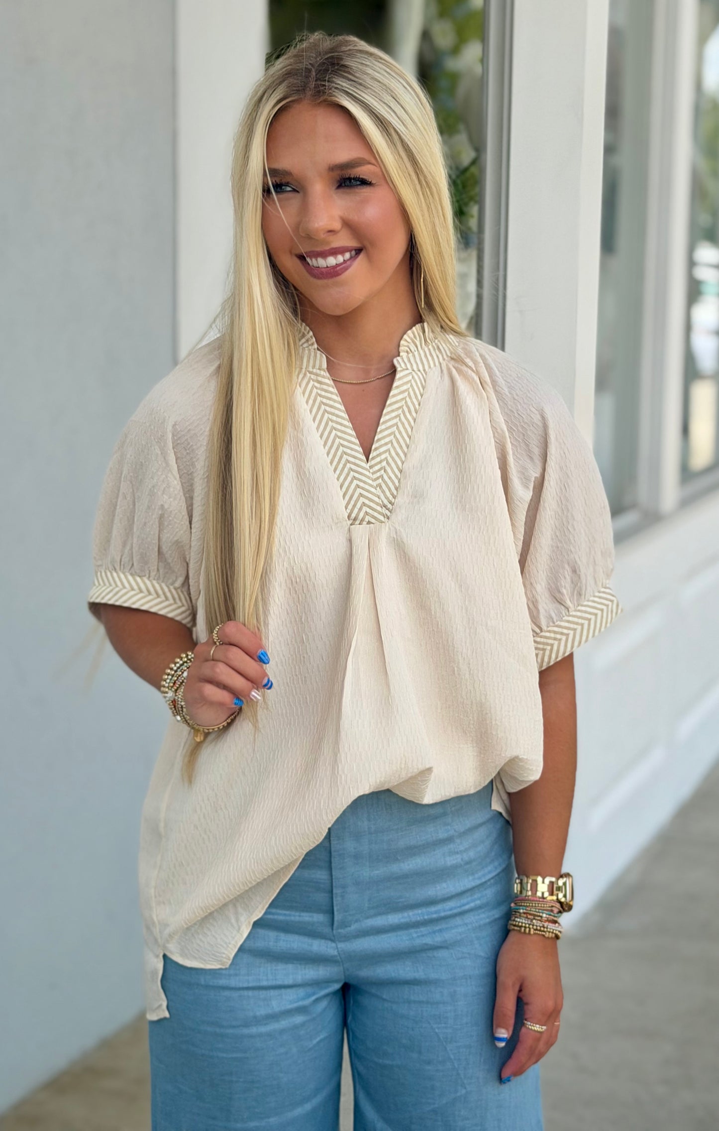 Cream White Chevron Trim Blouse