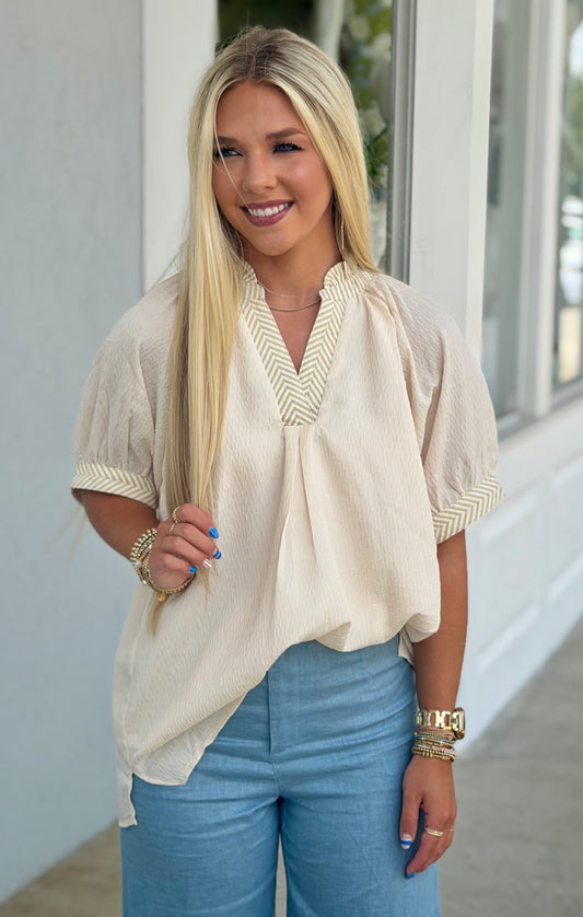 Cream White Chevron Trim Blouse