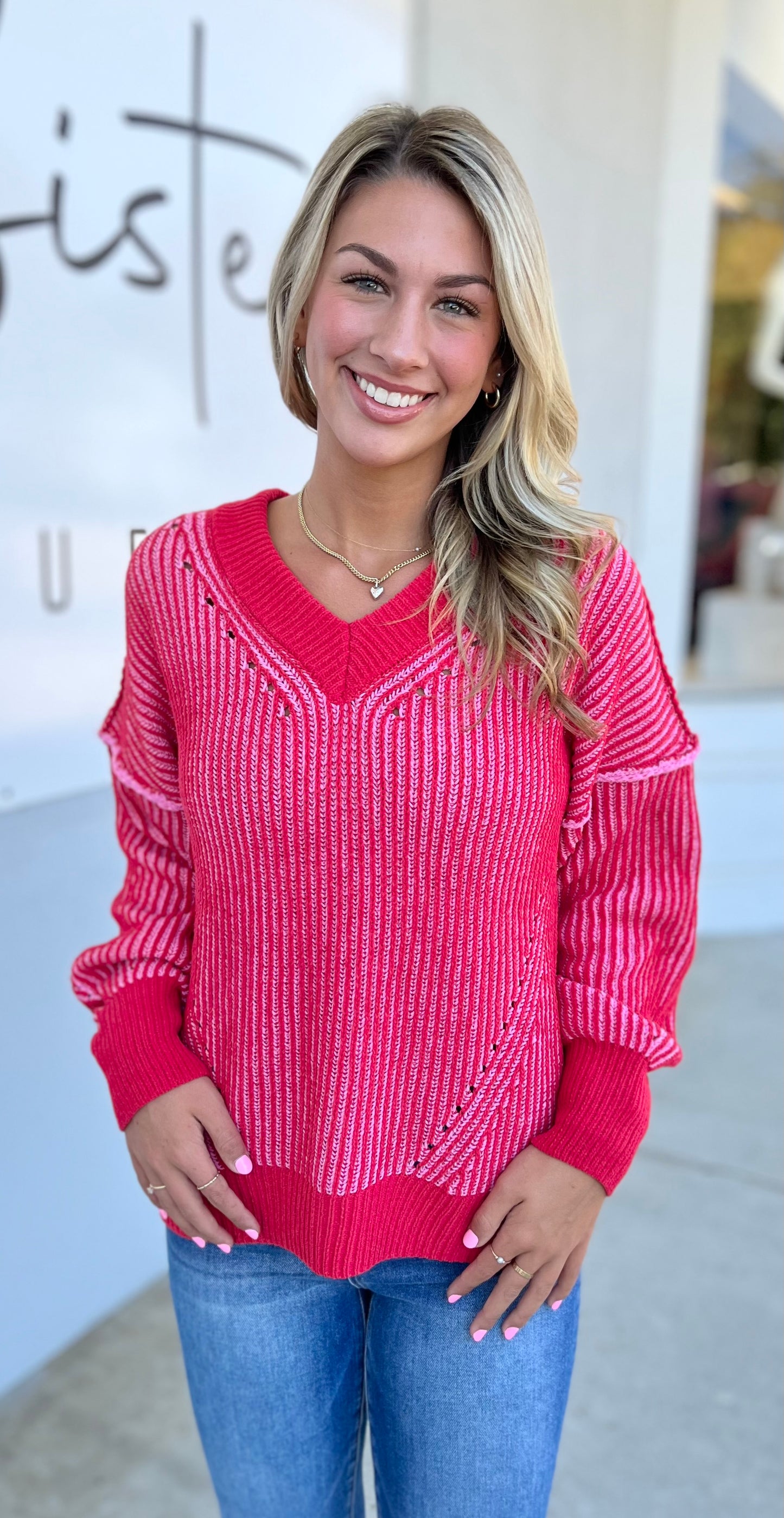 Oversized Two Tone Knit V Neck Sweater, Red