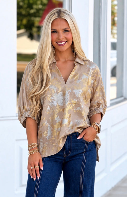 Dolman Sleeve Metallic Top, Taupe