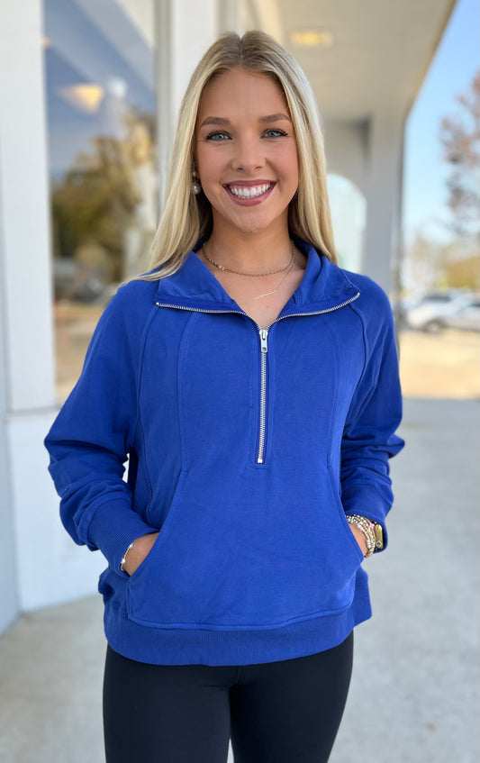 Blue Half Zip Sweater with Pockets