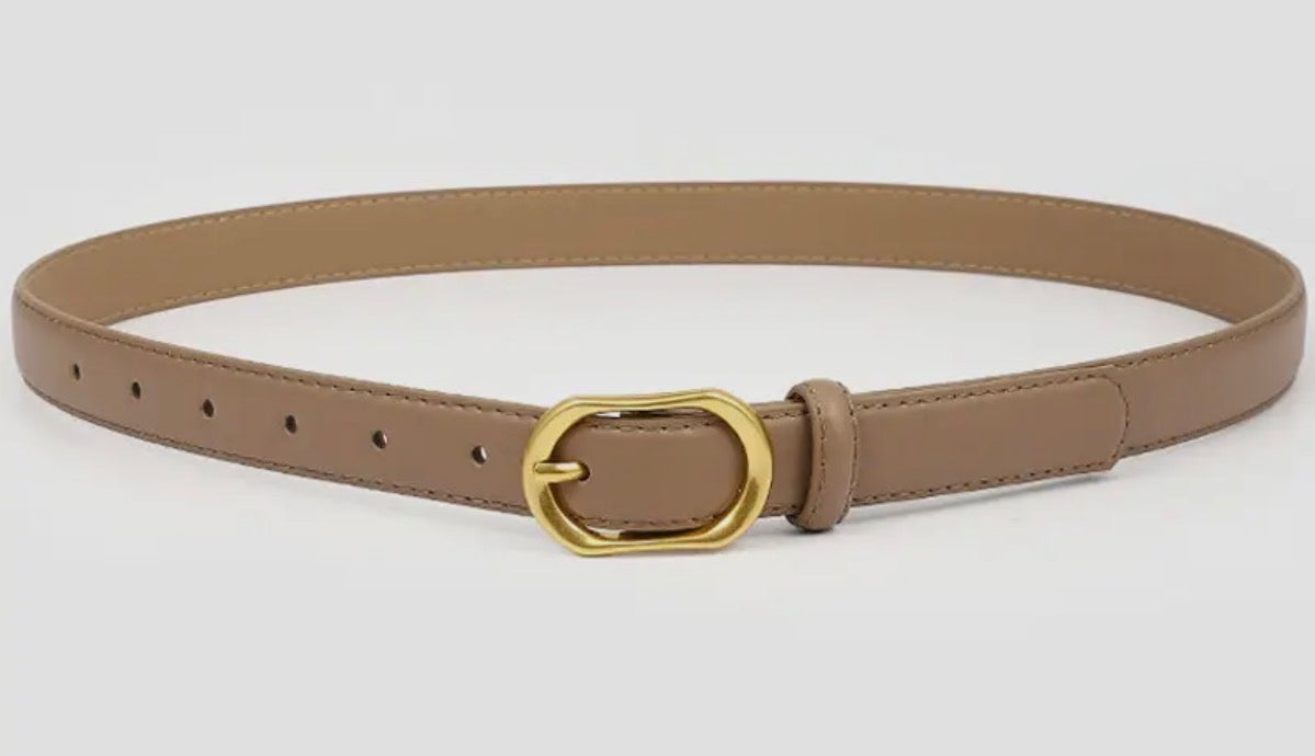 Gold Round Slim Belt , Khaki