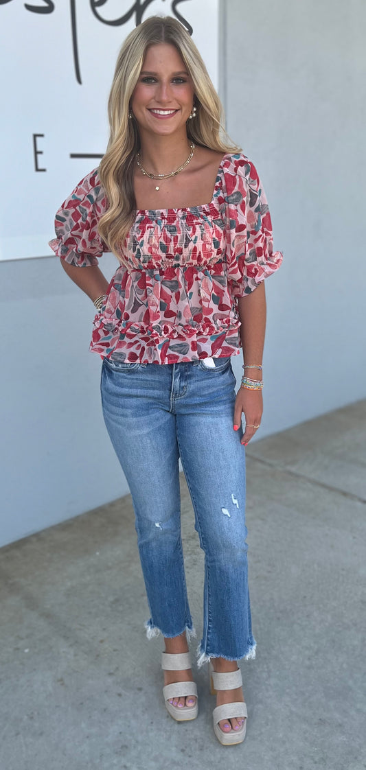 Printed Puff Sleeve Smocked Crop Top