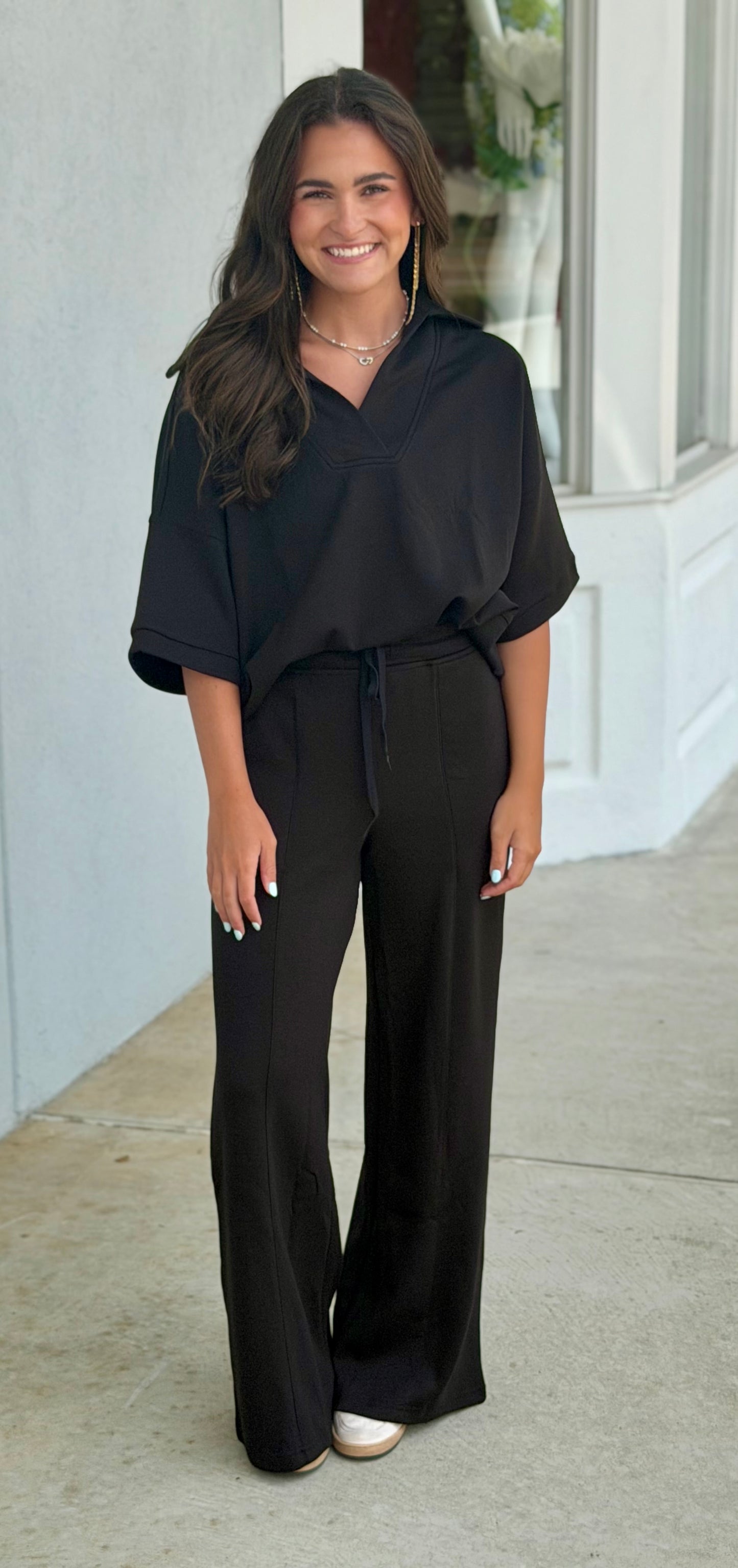 Scuba Collared Short Sleeve Top & Pants SET, Black
