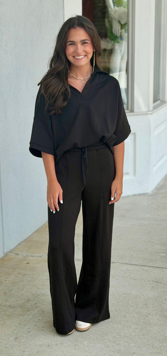 Scuba Collared Short Sleeve Top & Pants SET, Black