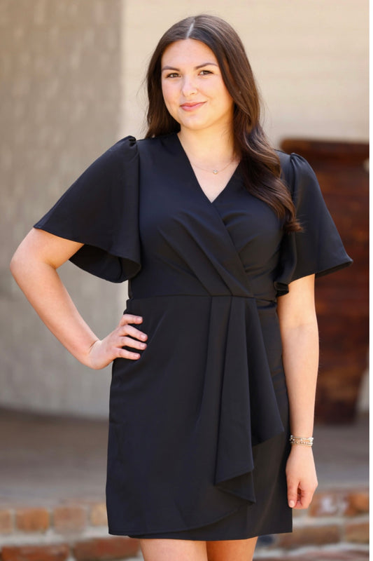 Black Woven Ruffled Wrap Dress
