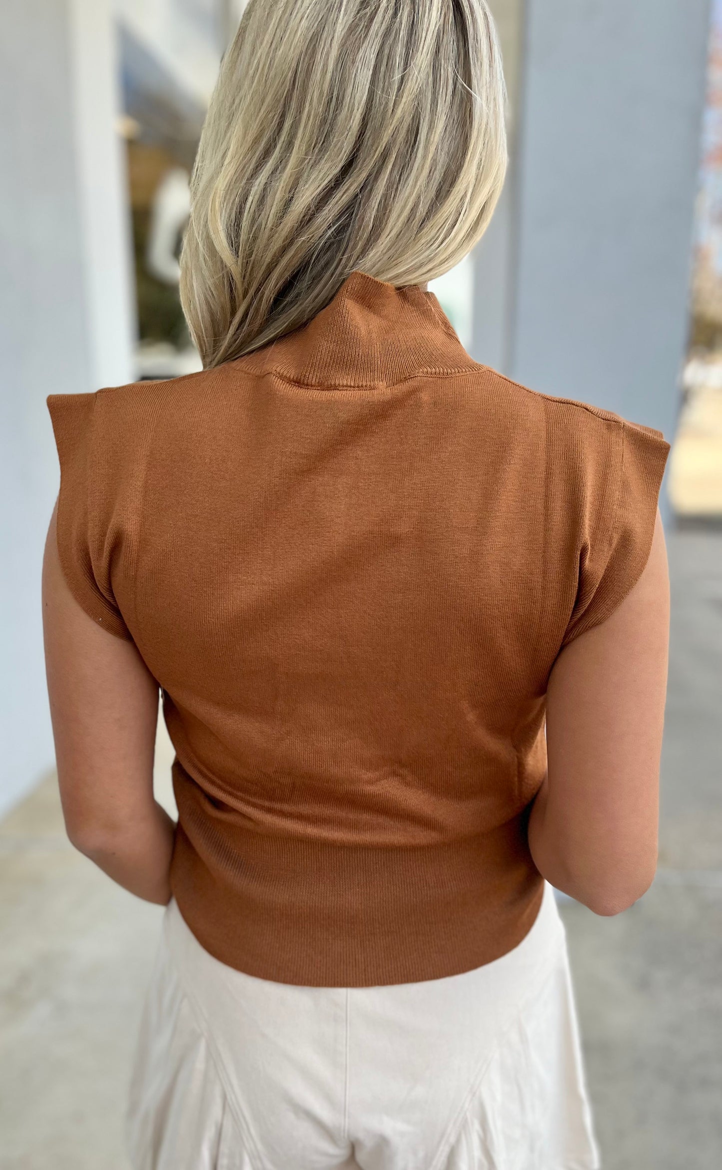 Camel Mock Neck Sleeveless Sweater