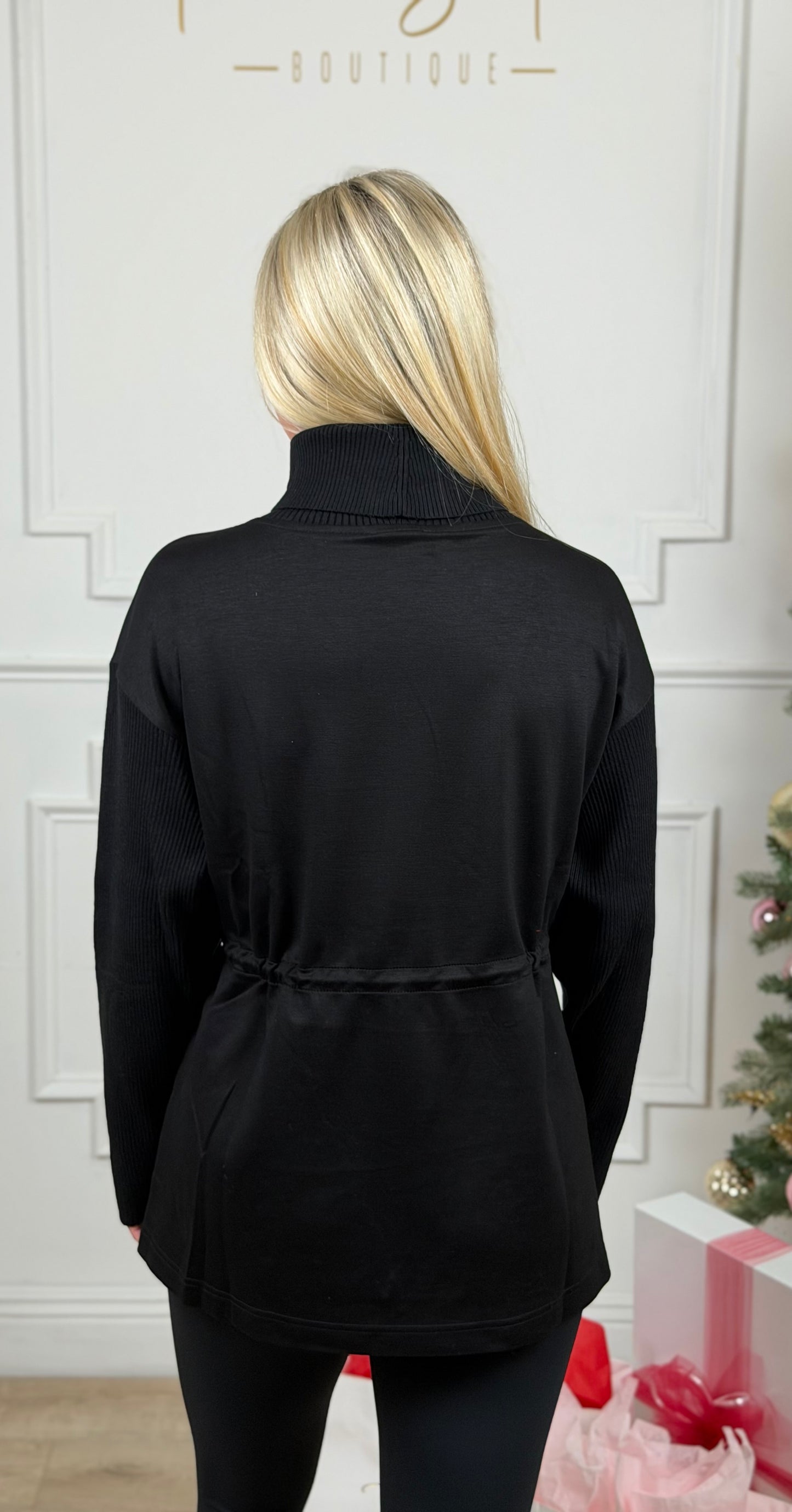 Drawstring Waist Turtleneck Top , Black