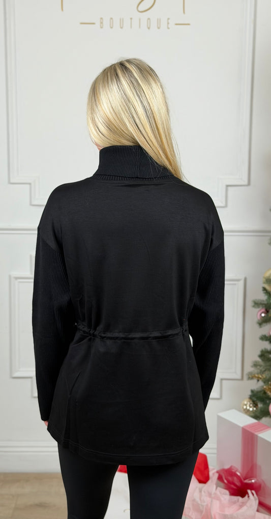 Drawstring Waist Turtleneck Top , Black