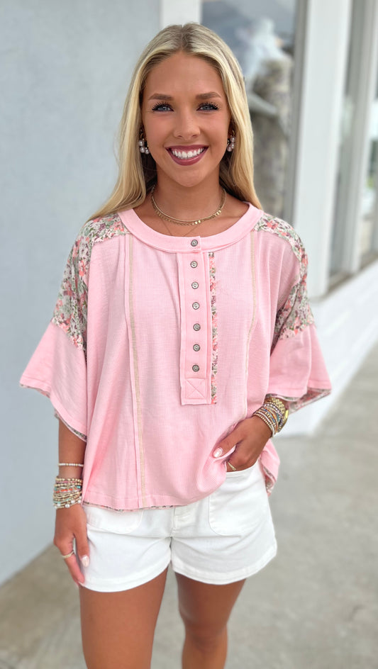 Floral Print Patch Button Down Top , Strawberry Milk
